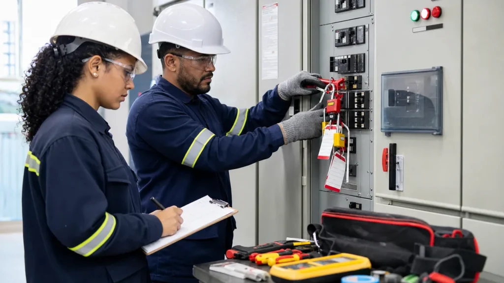 Técnicos executando bloqueio e controle NR-10