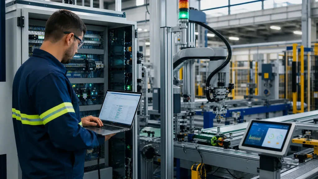 CLP e sensores em linha de automação industrial