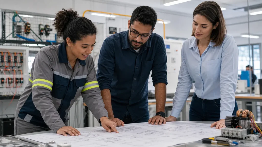 Técnico tecnólogo e engenheiro colaborando
